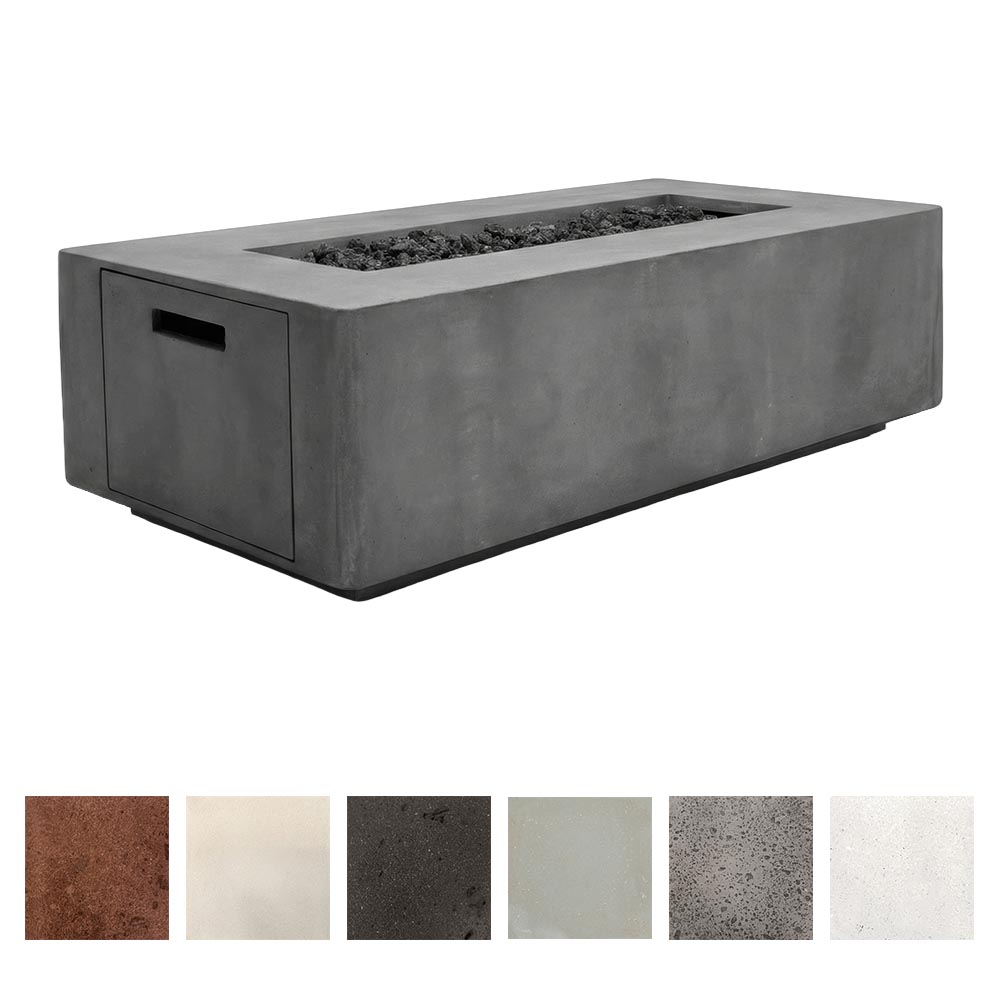 Rectangular concrete propane gas fire pit with side access door, gray finish