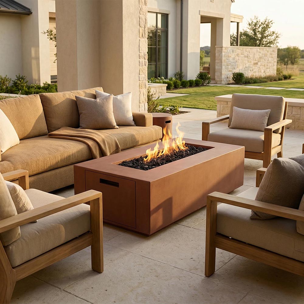 Rectangular concrete propane gas fire pit with open flame and side access door