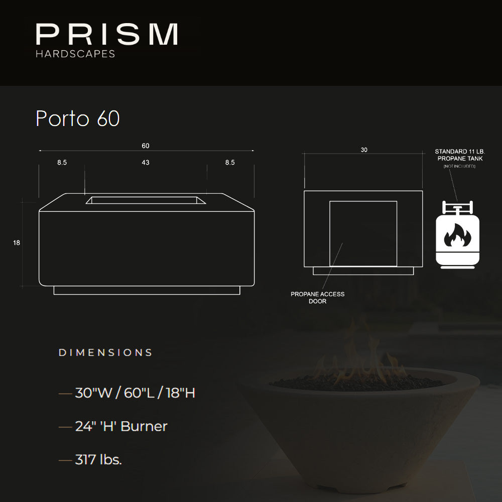 Porto 60 concrete fire pit dimensions diagram with top and side views