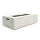 White concrete propane gas fire pit with side control door and burner grate