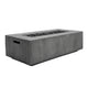 Gray concrete propane gas fire pit with side control door and visible burner stones