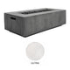 Rectangular gray concrete propane fire pit with side door and black lava-rock burner