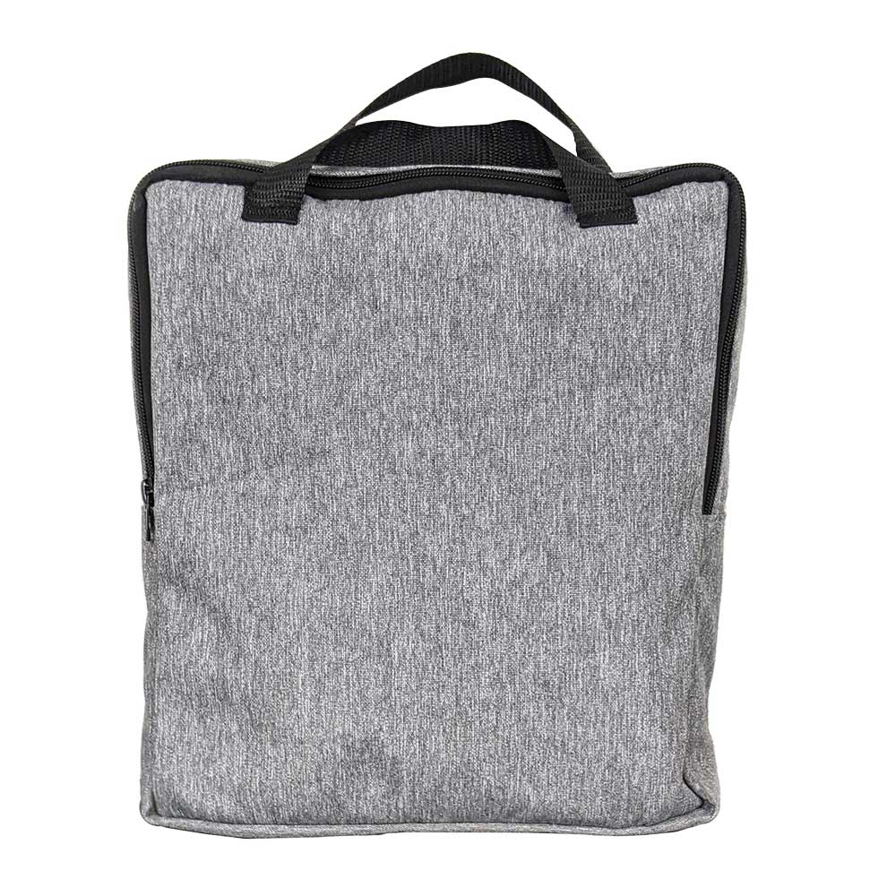 Outdoor furniture cover bag, heather gray with black handles and zipper.