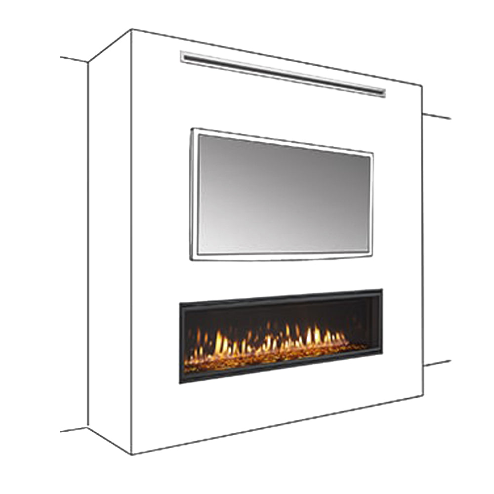 Front-discharge vent trim with rectangular heat opening and metal frame, black surround