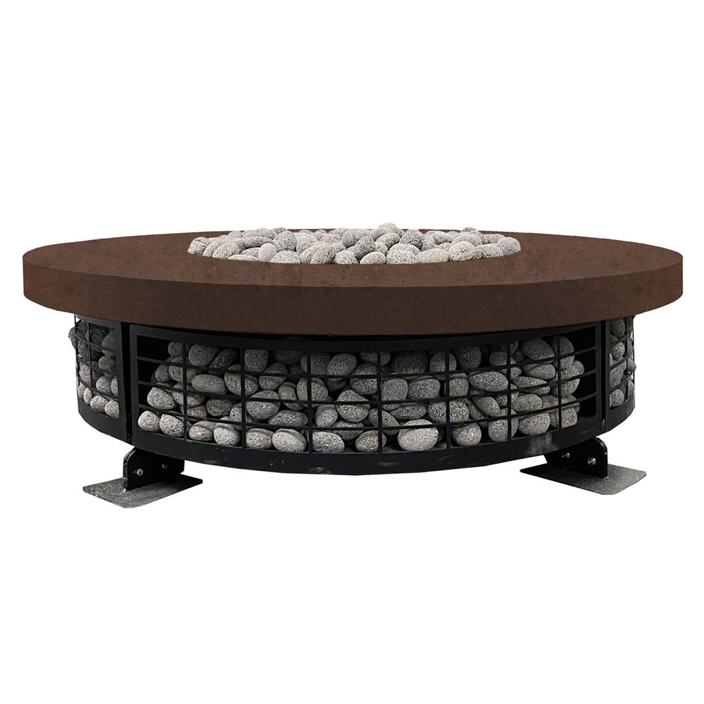 Round concrete gas fire pit with brown top and stone-filled burner compartment