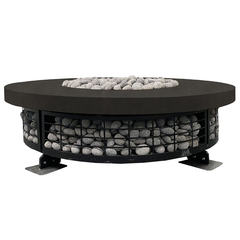 Round concrete gas fire pit with dark top and stone-filled burner compartment