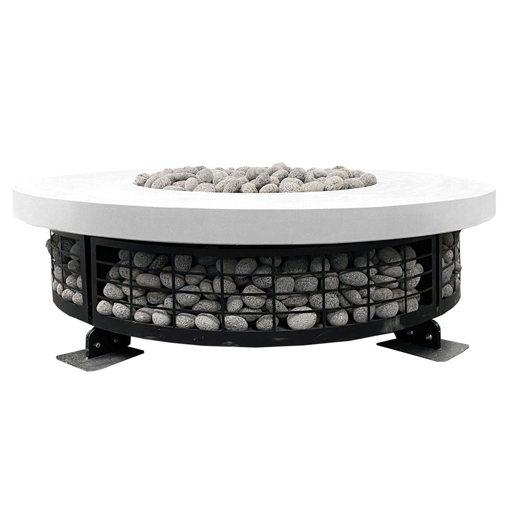 Round concrete gas fire pit with white top and stone-filled burner compartment