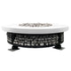 Round concrete gas fire pit with white top and stone-filled burner compartment