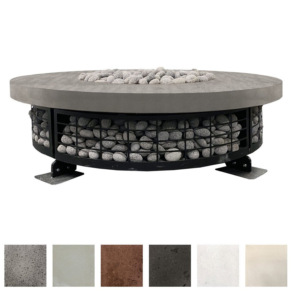 Round concrete fire pit with black metal cage sides, on short support legs