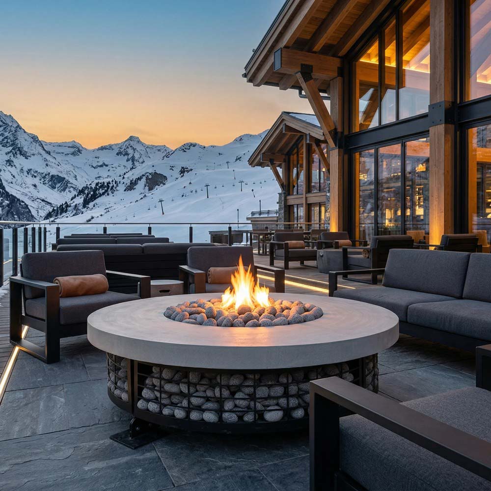 Round concrete fire pit with flame display and black rock basket housing