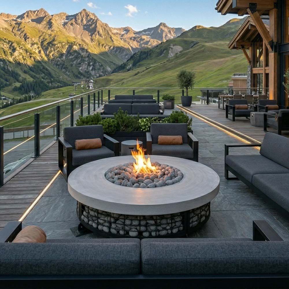Outdoor round concrete gas fire pit with flames over a lava rock ring