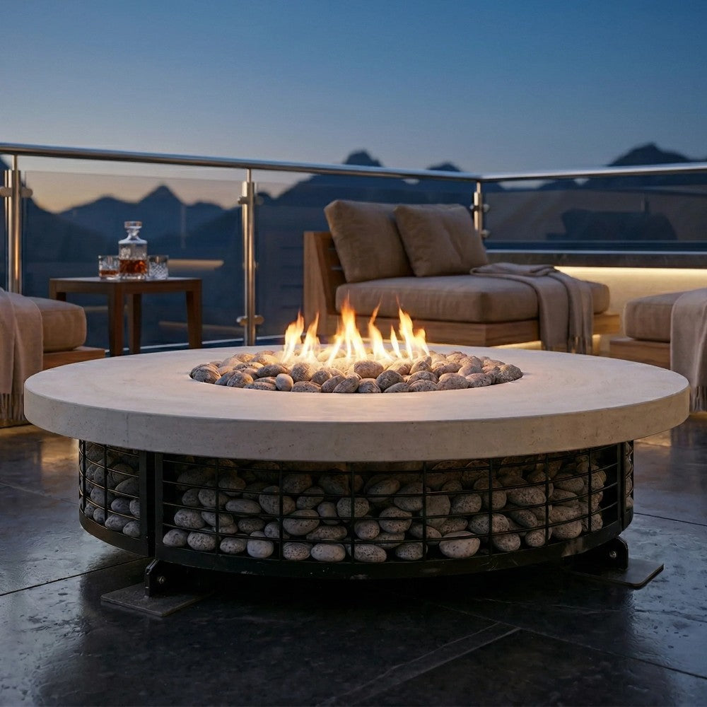 54-inch round concrete gas fire pit with visible flames and lava rock bed