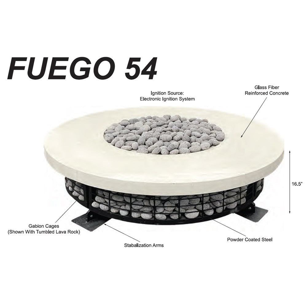Exploded view of round concrete gas fire pit showing ignition and rock basket