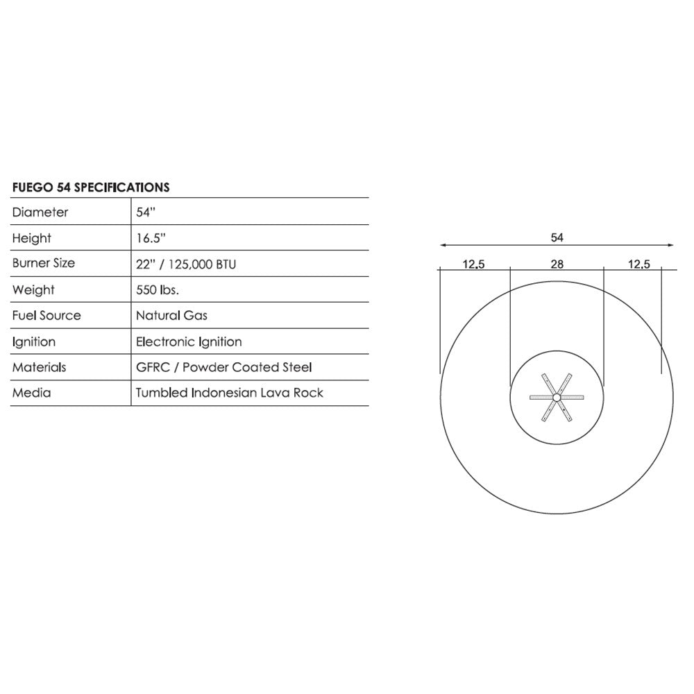 Electronic ignition gas fire pit diagram with measurements and burner layout