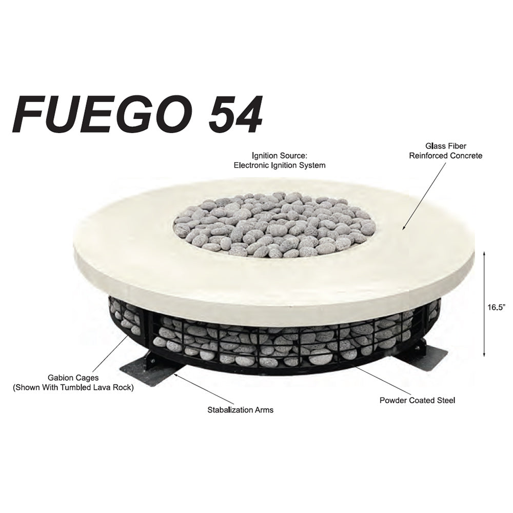 Fuego 54 gas fire pit diagram showing electronic ignition and glass fiber reinforced concrete