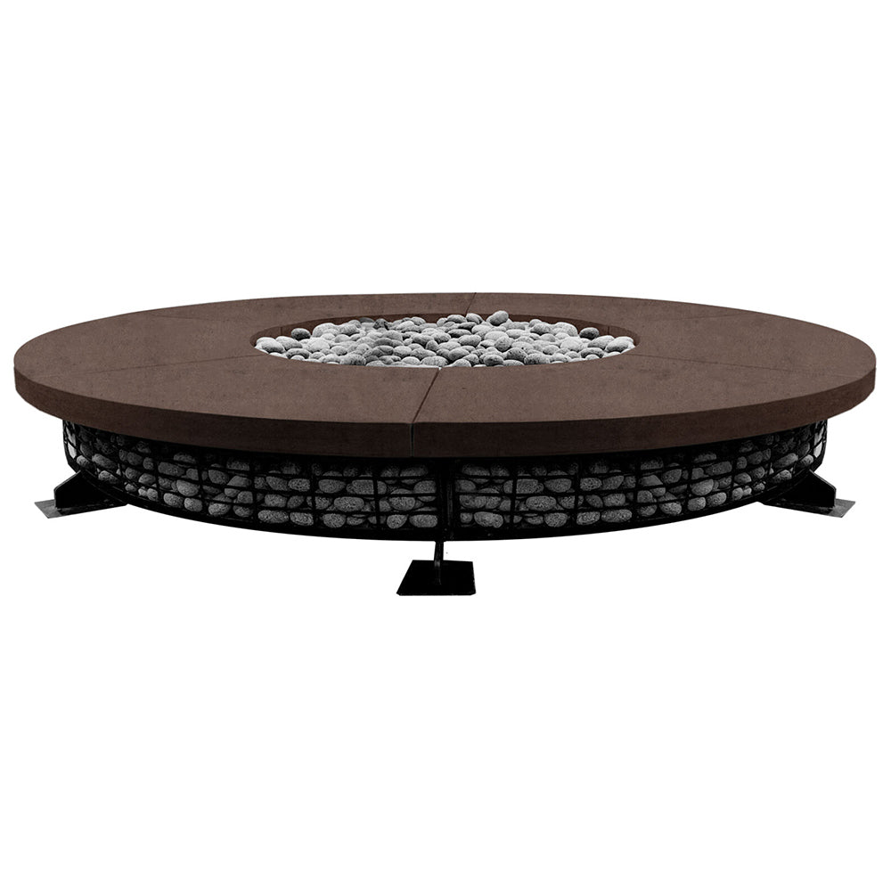 Round concrete gas fire pit with lava rock burner and electronic ignition system, cafe brown top