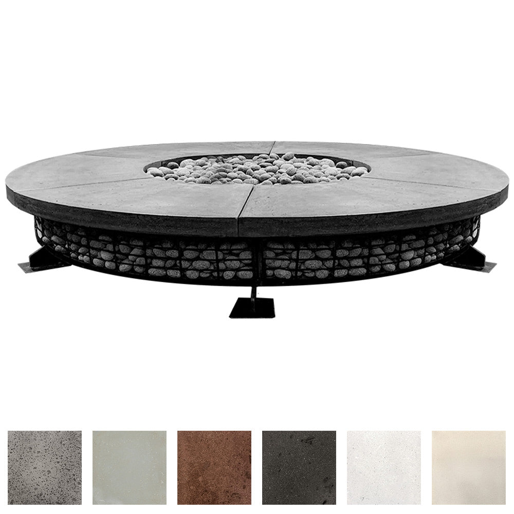 Round concrete gas fire pit with lava rock burner and electronic ignition system, light gray top