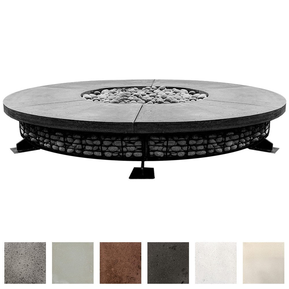 Round concrete fire pit with flame bed and textured stone ring surround