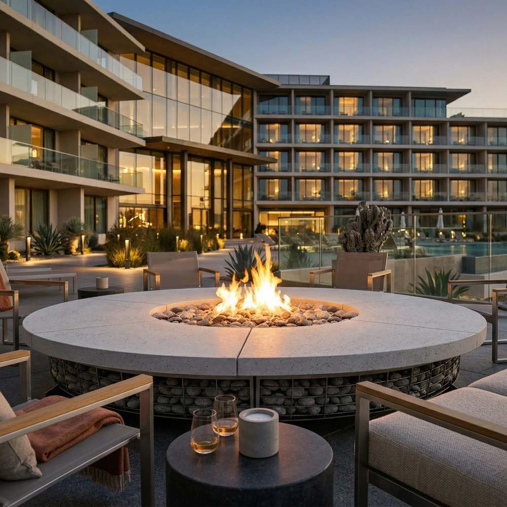 Round concrete natural gas fire pit with flame and stone facade on patio