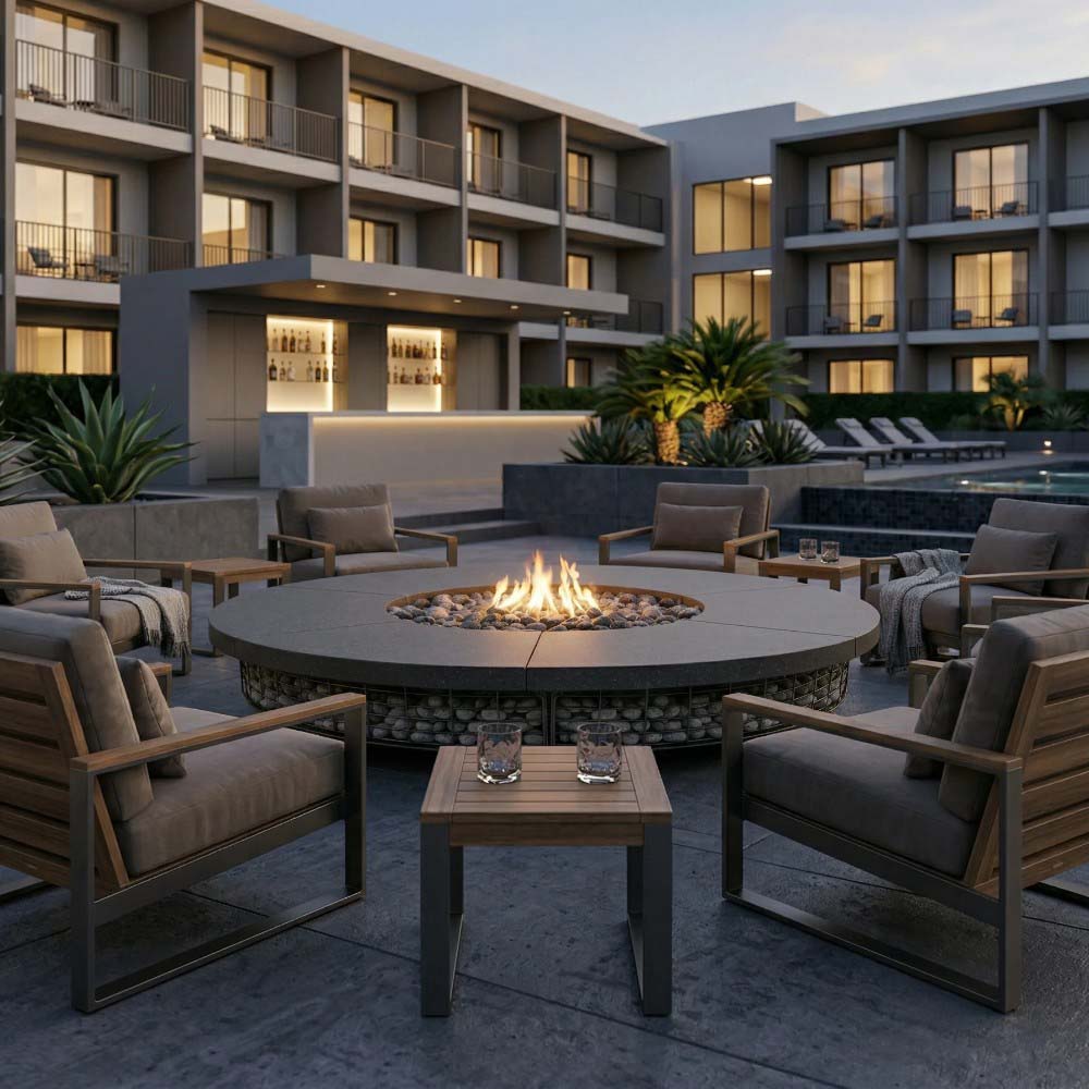 Round concrete fire pit with flame, stone base, and surrounding patio seating