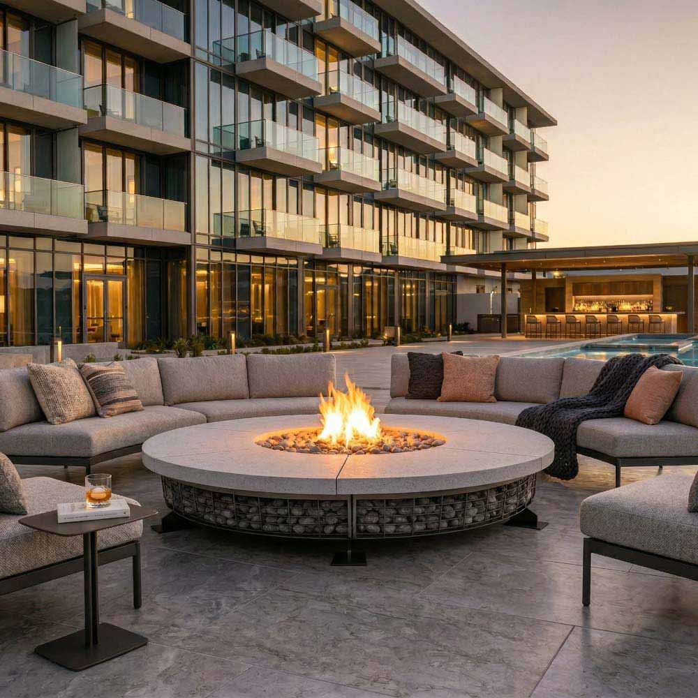 Round concrete fire pit with stone base and natural gas flame in center