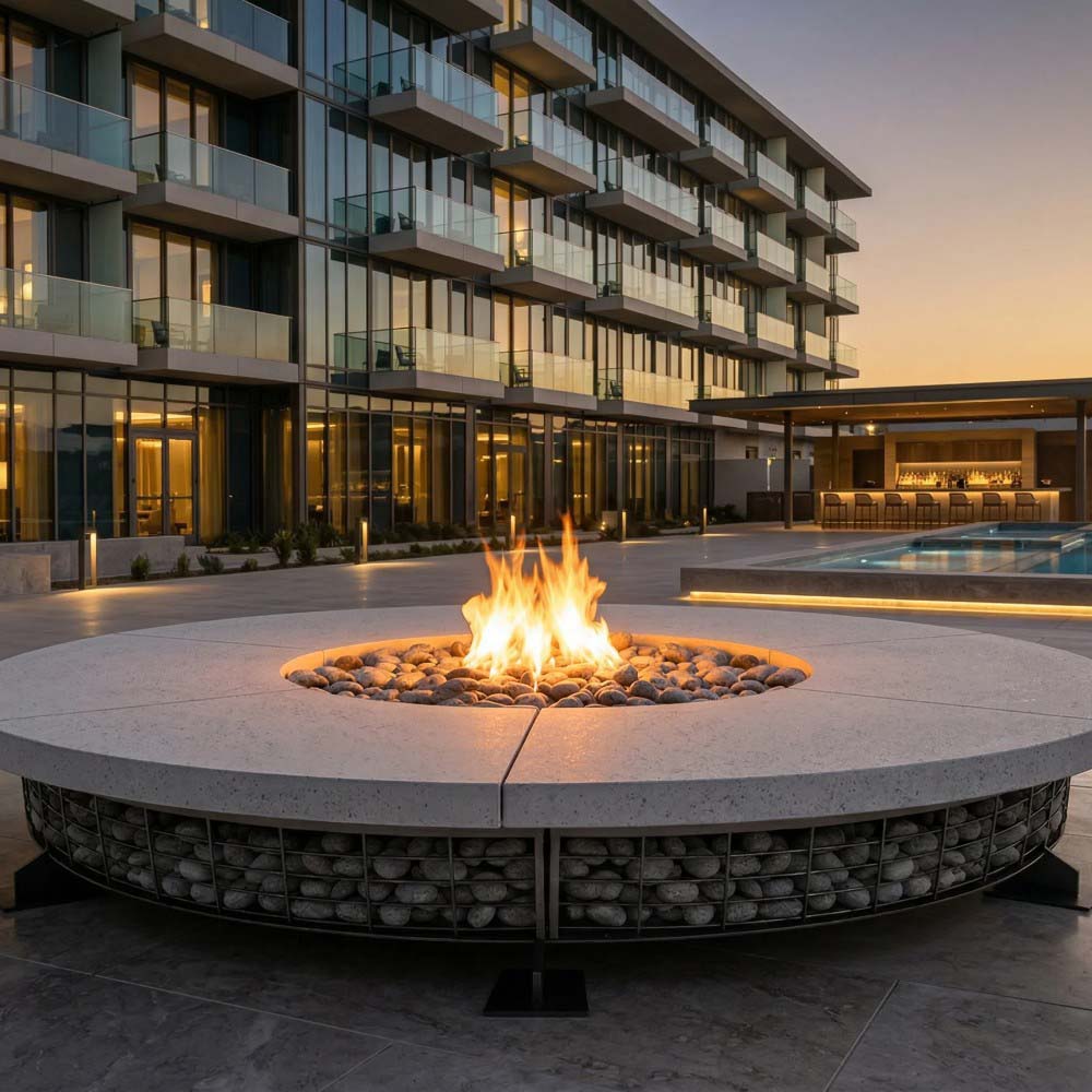 Close view of round concrete natural gas fire pit with flame and stone base