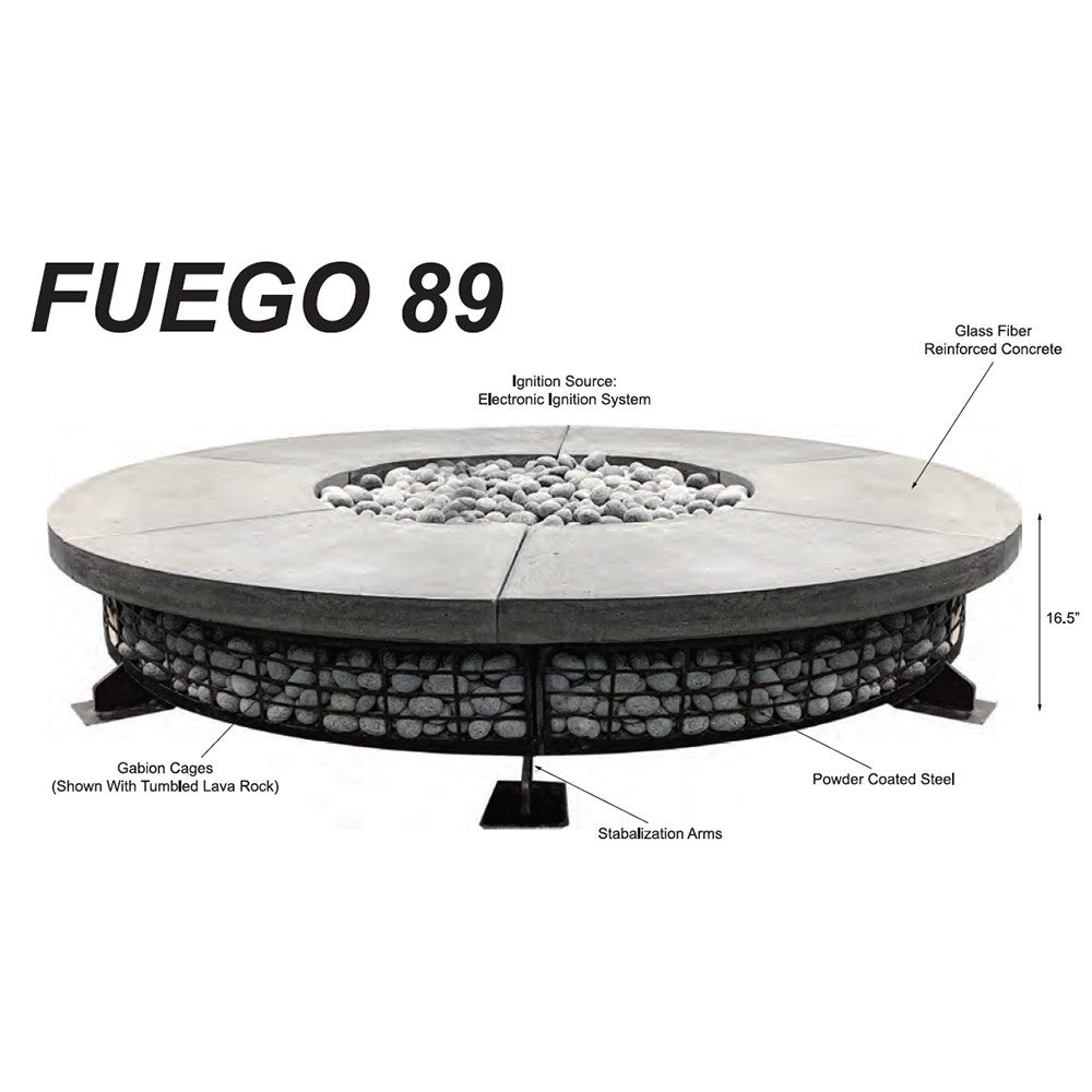 Labeled diagram of round Fuego 89 concrete gas fire pit ignition system parts
