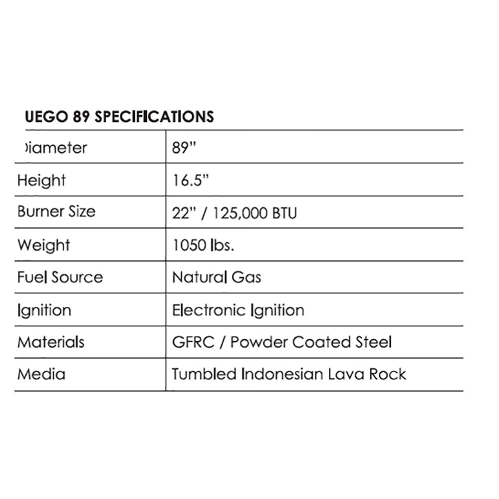 Fire pit specifications sheet listing 89 in diameter and natural gas electronic ignition