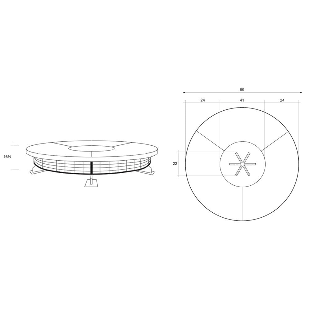 Technical drawing of round concrete gas fire pit with base dimensions