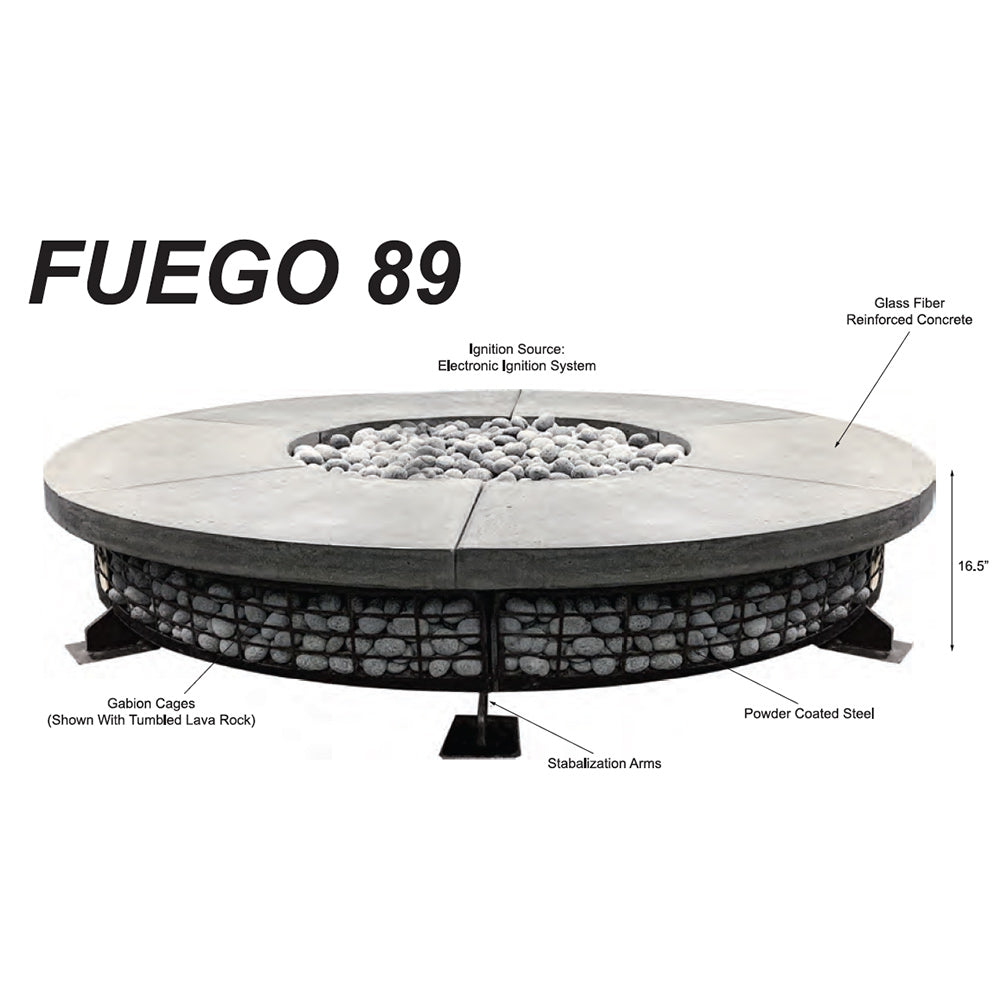 FUEGO 89 round concrete gas fire pit diagram with lava rock burner and ignition system
