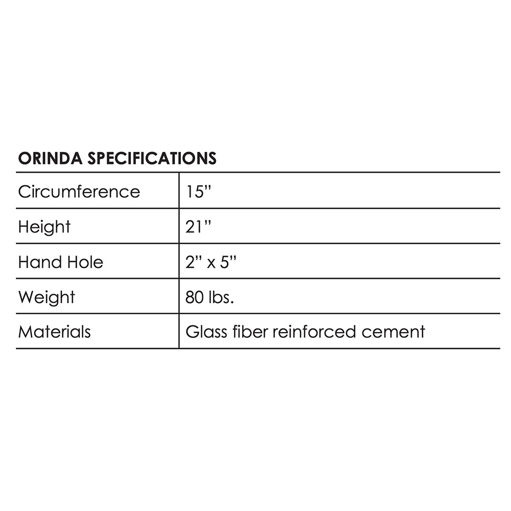 Orinda specs: height 21 in, circumference 15 in, weight 80 lb, reinforced cement