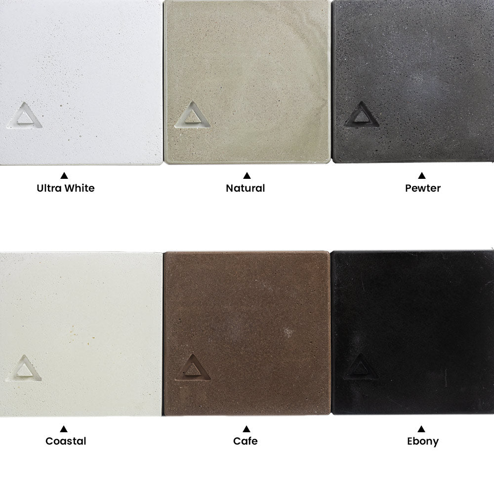 Concrete chip sample swatches: Ultra White, Natural, Pewter, Coastal, Cafe, Ebony.