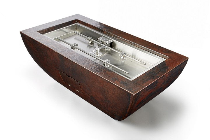Hammered copper linear gas fire pit with open stainless burner tray