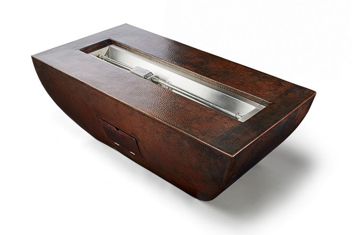 Hammered copper linear gas fire pit with long rectangular firebox and burner insert