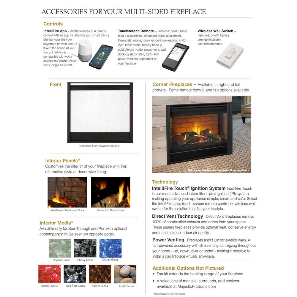 Multi-sided direct vent fireplace accessories features and controls brochure page