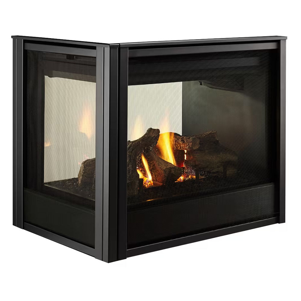 Black multi-sided direct vent gas fireplace with burning logs behind glass