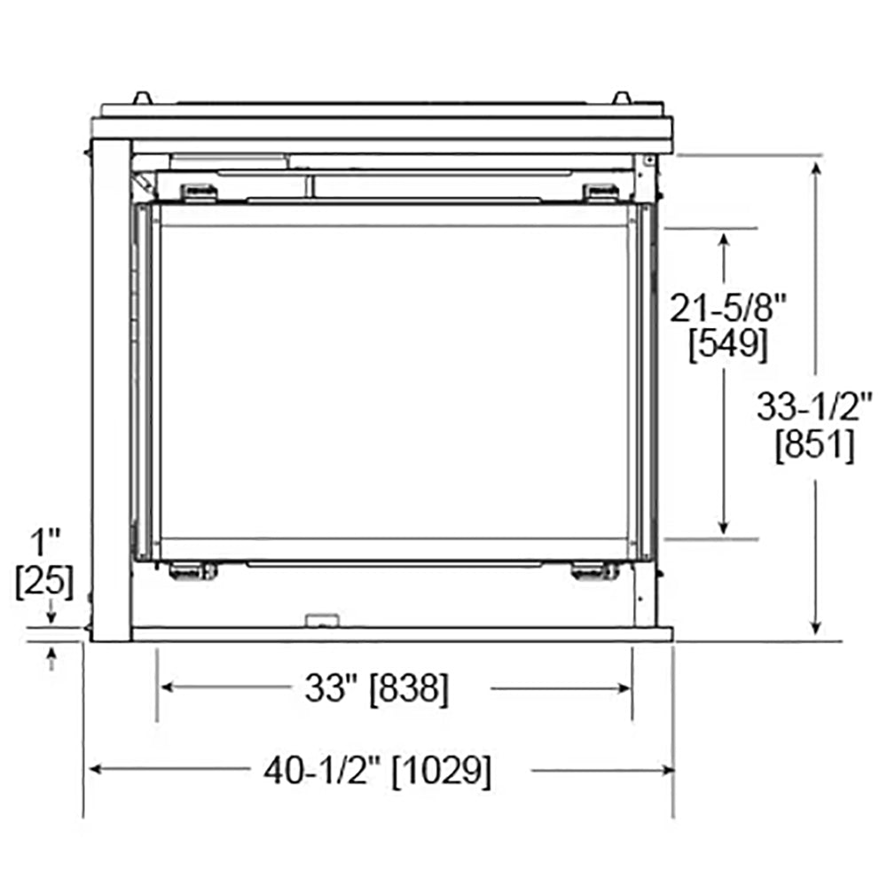 Multi-sided direct vent gas fireplace dimensions line drawing with measurements