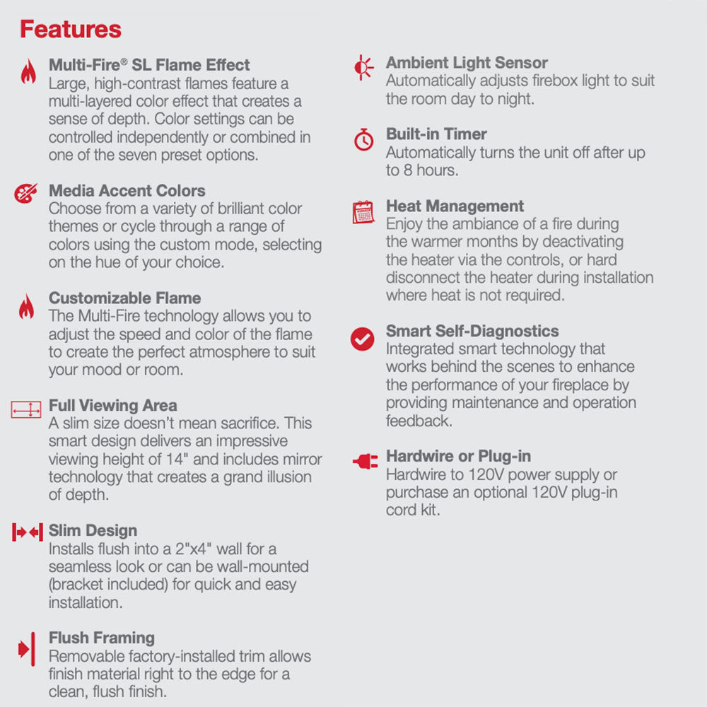 Electric fireplace feature diagram with flame effect and ambient light sensor icons