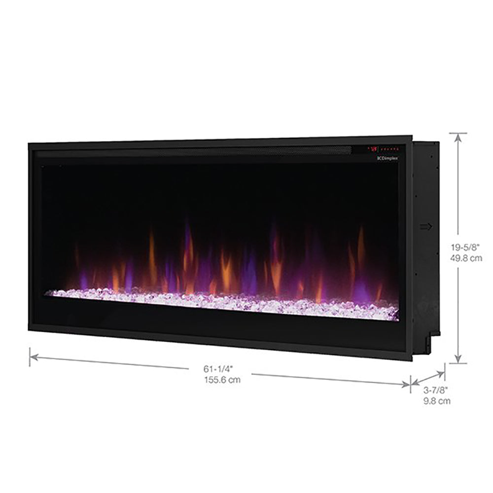 Built-in electric fireplace with flame screen and side height and width measurements