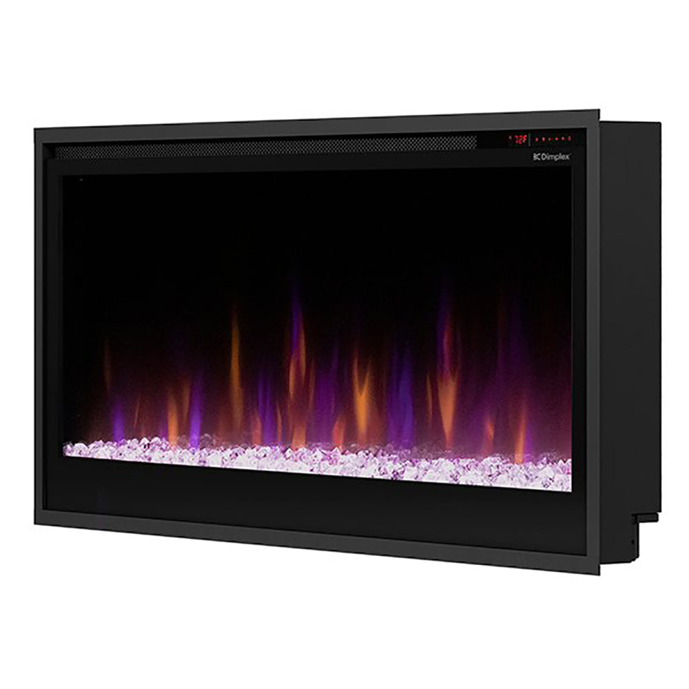 Built-in electric fireplace with black frame and purple-orange flame display