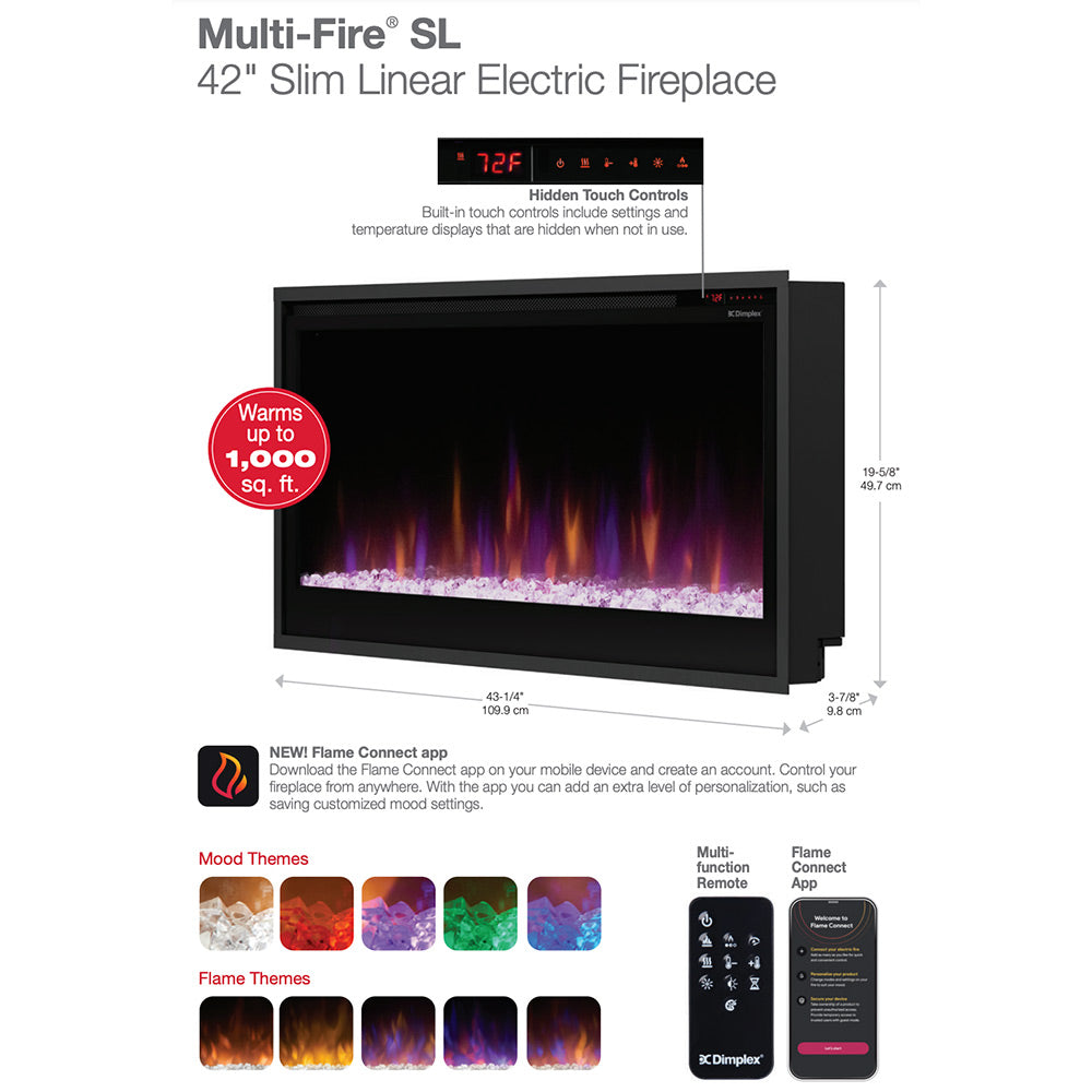 Slim linear electric fireplace front panel with multi-color flame effect