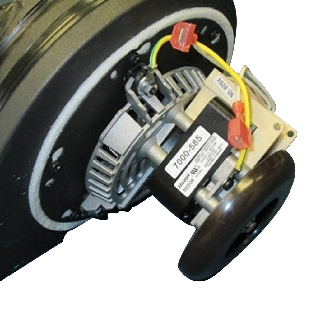 Exhaust blower motor assembly with fan housing, wiring, and label