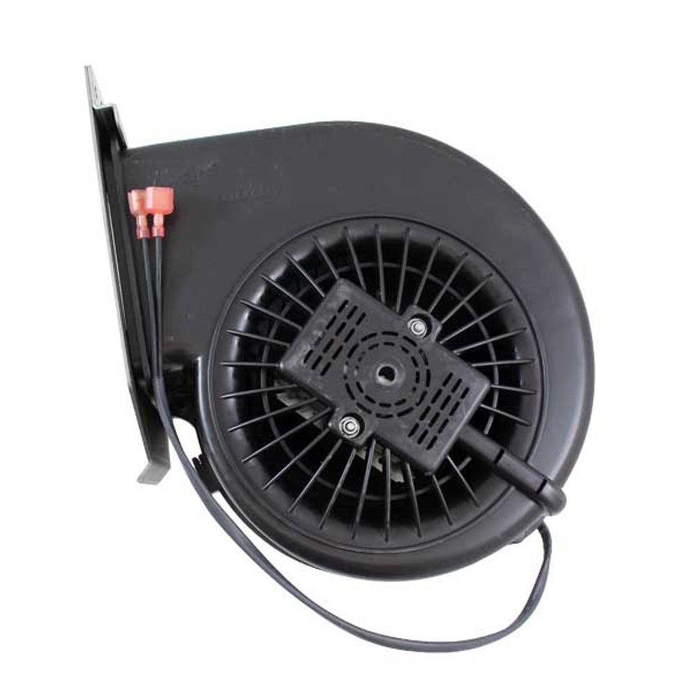 Convection blower fan with black housing and radial grille, wiring leads attached