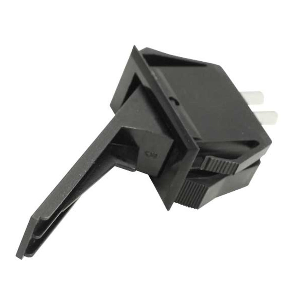 Hopper switch with slotted housing, black lever, and exposed prong terminals
