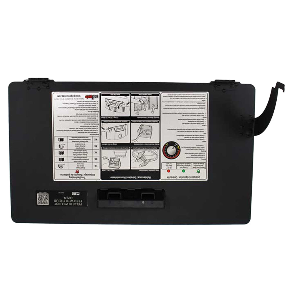 PelPro hopper lid assembly, underside with instruction label and side latch tab.