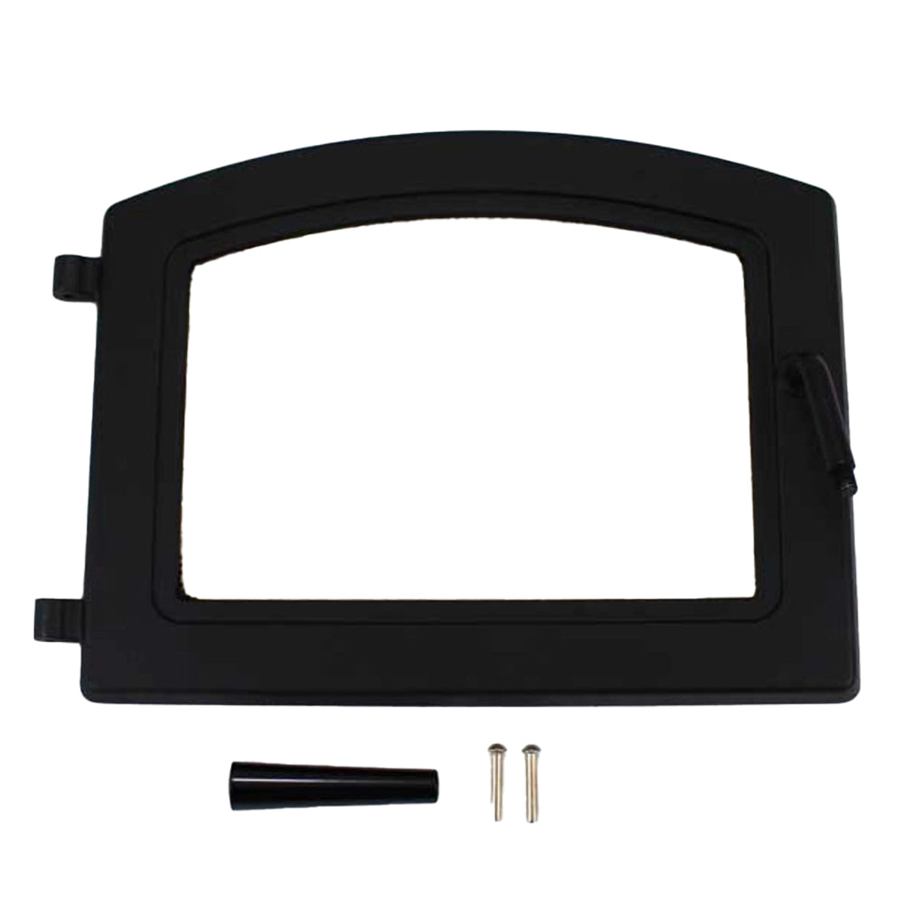 Black replacement door assembly with rectangular window and mounting pins.