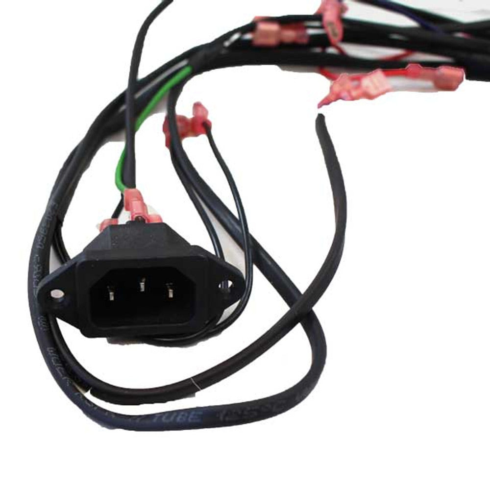 Wire harness replacement end with black connector socket and colored pin leads on cable