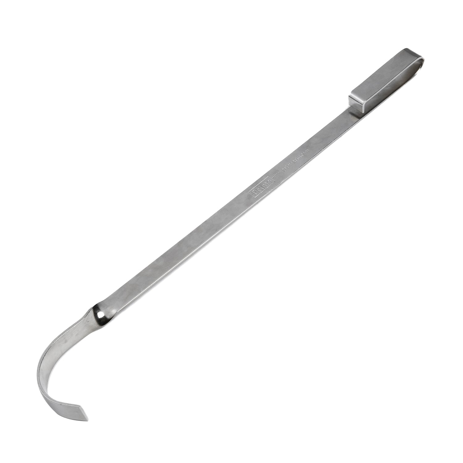 Metal ash rake with curved hook end and flat handle, for fireplace ash cleanup