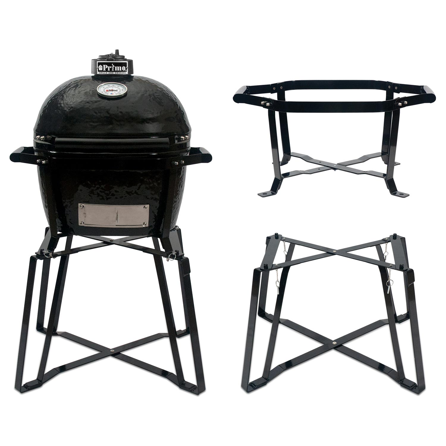 Charcoal ceramic kamado grill with lid and side handles on black metal stand frame