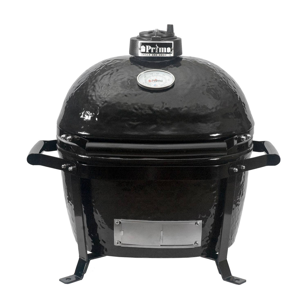 Charcoal oval ceramic kamado grill with lid and Primo logo on top
